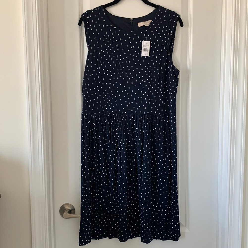 NWT LOFT Black/White Polka Dot Print Cap Sleeves Dress Size M
